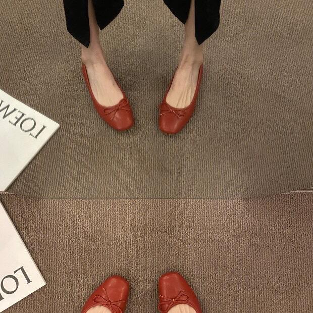 Bow light mouth flat bottom small red single shoes women's shoes 2024 new spring and autumn wedding shoes ballet spring and autumn shoes