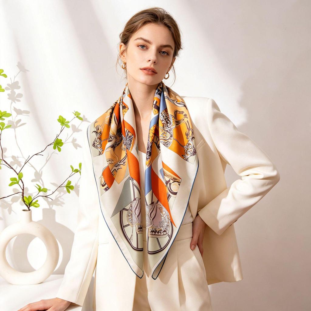 Elegant Mulberry Silk Scarf: Hand-Rolled, Double-Sided Ethnic Print, Luxury Square Shawl with Gift Box.