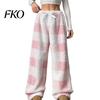 Elastic Waist Lounge Bottoms Women Plaid Wide Leg Pants, Drawstring High Thick Coral Fleece Stylish Home Wear for Warm Loungewear, Anti-Pilling Casual