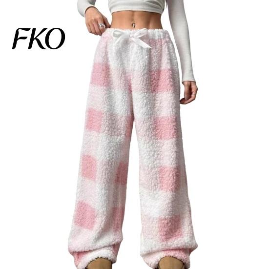 Elastic Waist Lounge Bottoms Women Plaid Wide Leg Pants, Drawstring High Thick Coral Fleece Stylish Home Wear for Warm Loungewear, Anti-Pilling Casual