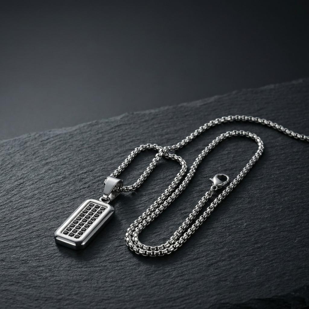 Vnox Stainless Steel Geometric Dog Tag Pendant Necklace for Men, Cubic Zirconia Box Chain Jewelry, Punk Style Hip Hop Necklaces