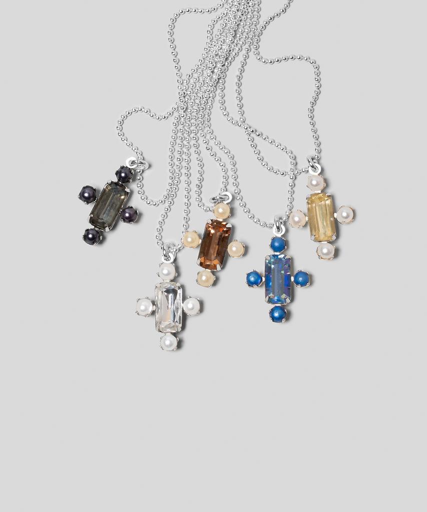 Armo Pearl + Crystal Cross Necklace (Black)