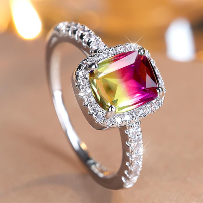 Fashion Silvery Color Rectangle Cut Rose Red Yellow Stone Ring Luxury Love Engagement Ring Wedding Jewelry