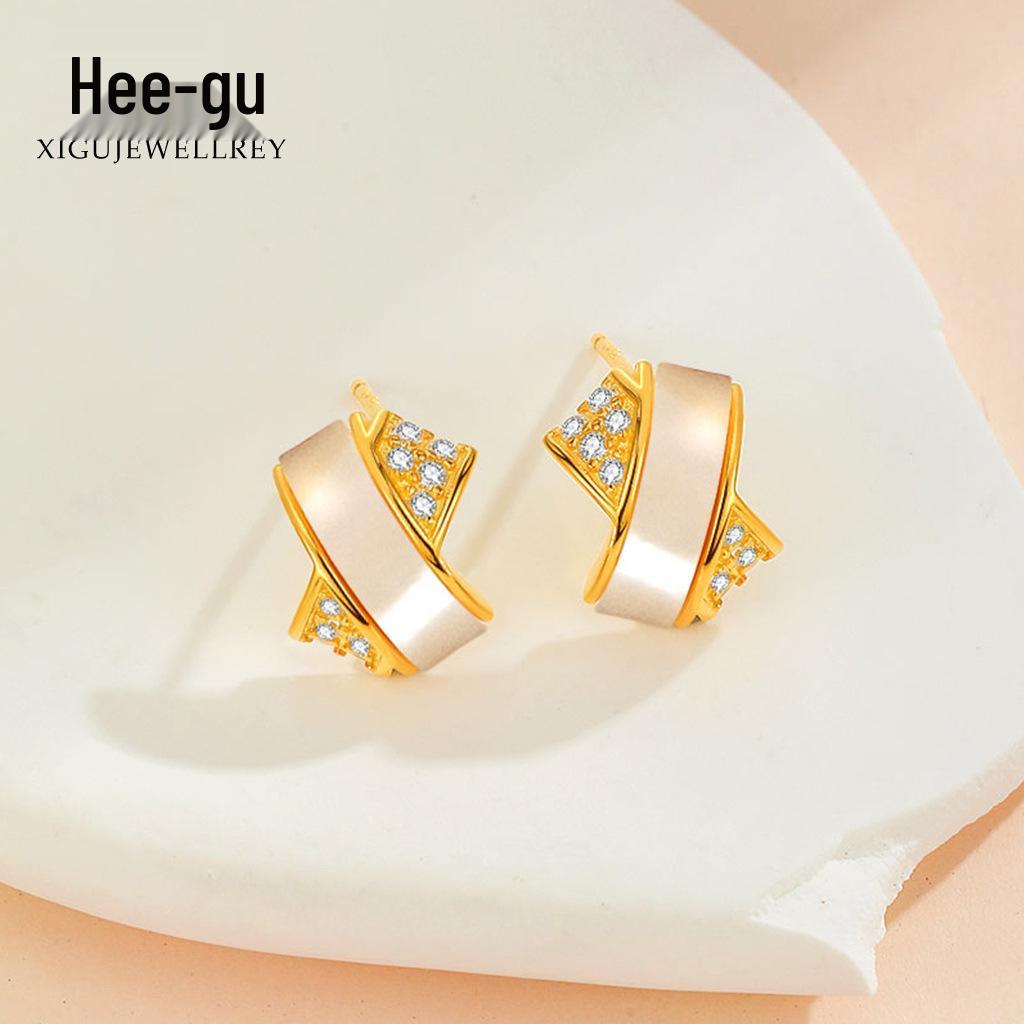 Higu E1855 S925 Silver Cross Mother-of-Pearl Zircon Stud Earrings - Simple, Elegant Design Cross Pearl Zircon Earrings платиновый