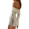 Floral Pattern Off Shoulder Lace Dress Bow Ruched Boat Neck Long Sleeve Slim Fit Short Dress Women