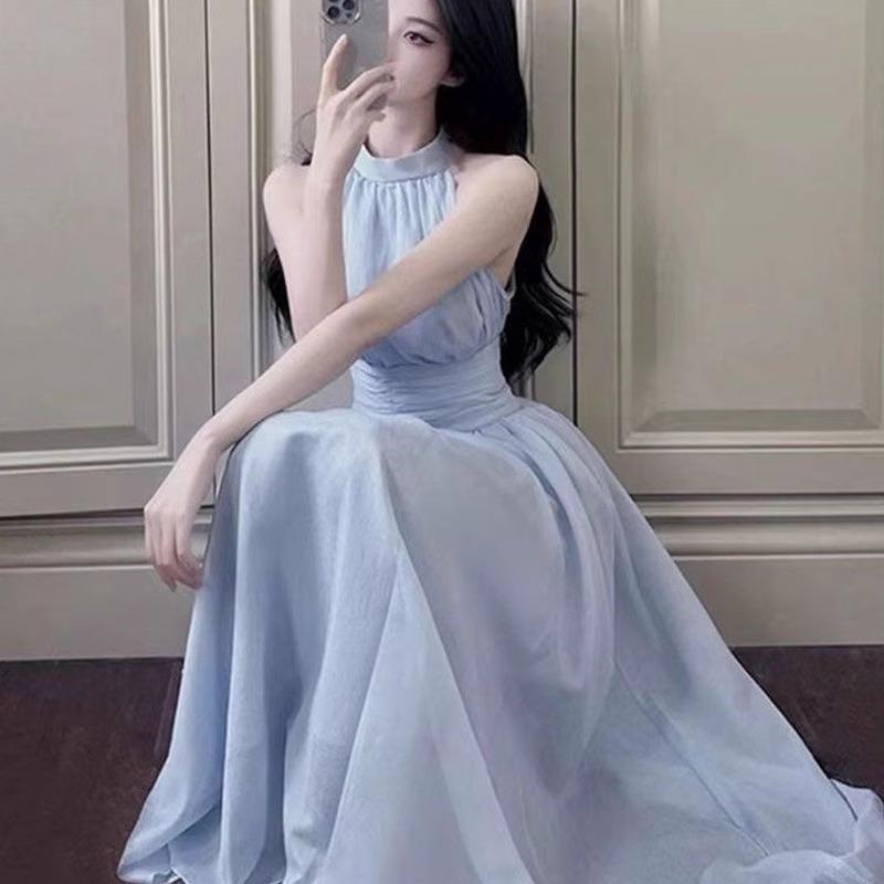Sleeveless neck dress children's spring new seaside vacation design temperament French waist dress