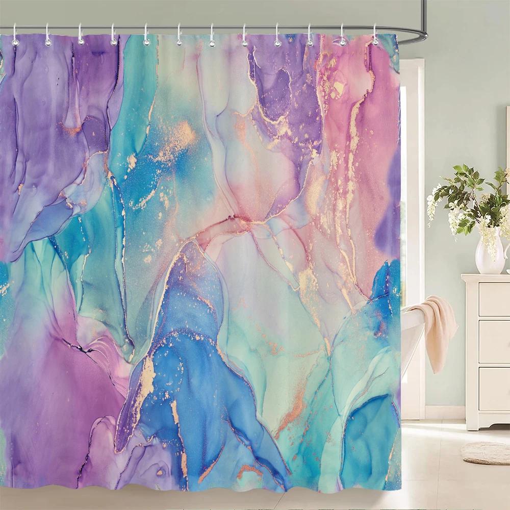 Gradient Marble Ink Texture Shower Curtain Waterproof Colorful Abstract Geometry Bath Curtain Bathroom Decor Curtain With Hooks