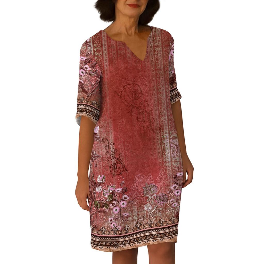 Dresses For Womens Vintage Print Tunic Waisted Midi Dress Summer Casual  Half Sleeve Dress