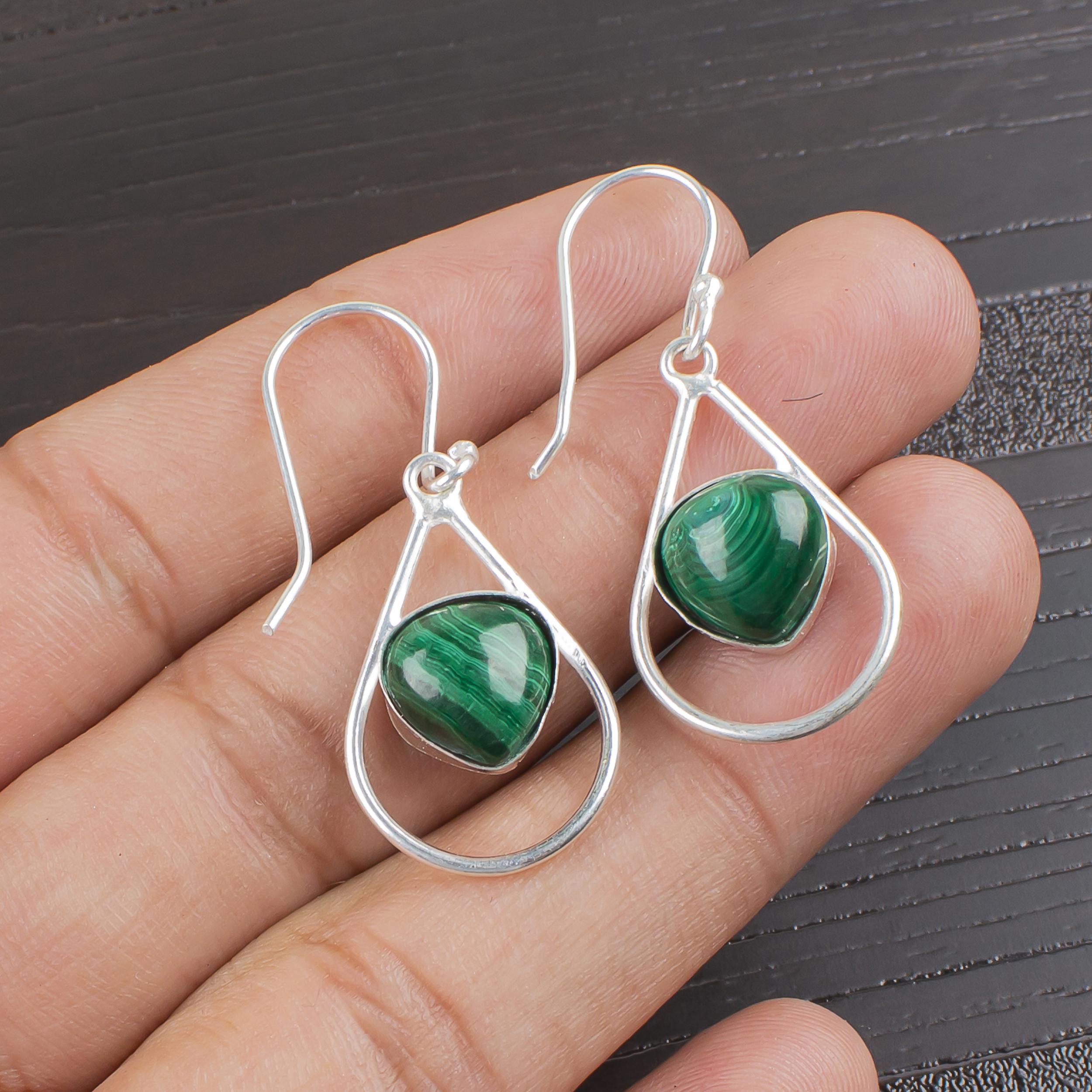 

Malachite Earrings, 925 Sterling Silver Chain Earring, Gift For Women Handmade Earrings Gemstone Jewelry, For Wedding Gift 1.50 Inches зелений