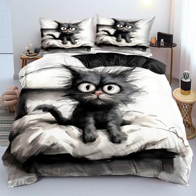 Cartoon Schwarze Katze 3D-bedruckte Bettbezug-Set Kissenbezüge Weiche Bequeme Luxus-Bettwäsche Heimdekoration Tier-Thema Bettdeckenbezug-Set