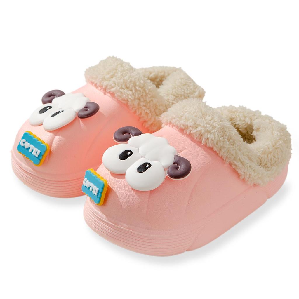 Children's Winter Cotton Slippers: Warm, Cute Cartoon Sheep Design, Big Eyes, Detachable, Non-Slip, Parent-Child Set.