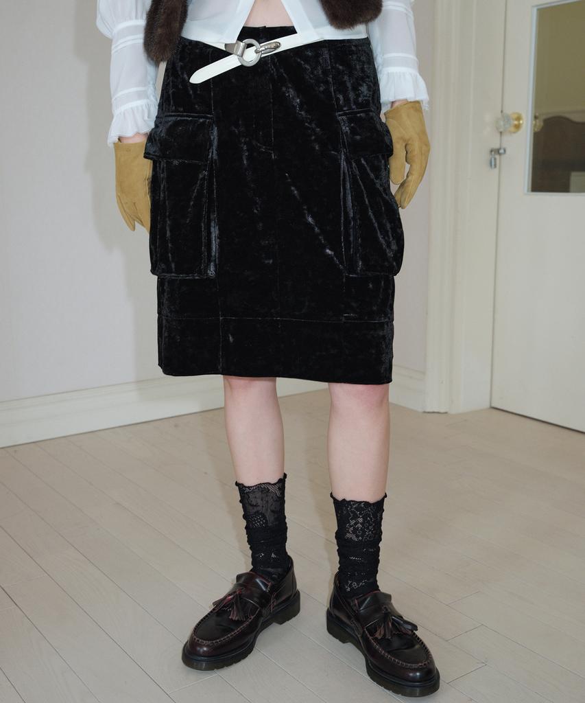 Obeodyupeulleeo Velvet Cargo Midi Skirt_Black