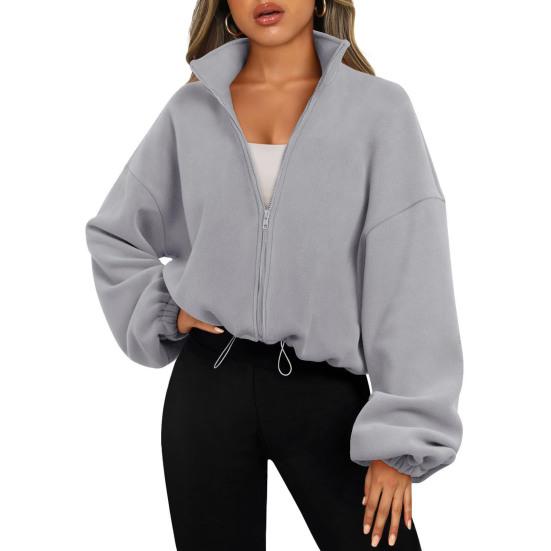Women's Zip Drawstring Fleece Short Jacket Full Hem Stand Collar Warm