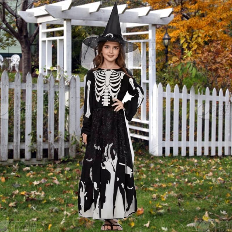 Glow in The Dark Skeleton Ghostly Witch Costume Witch Hat,Ghosty Skeleton Dress Cosplay Halloween Costume Kids Girls