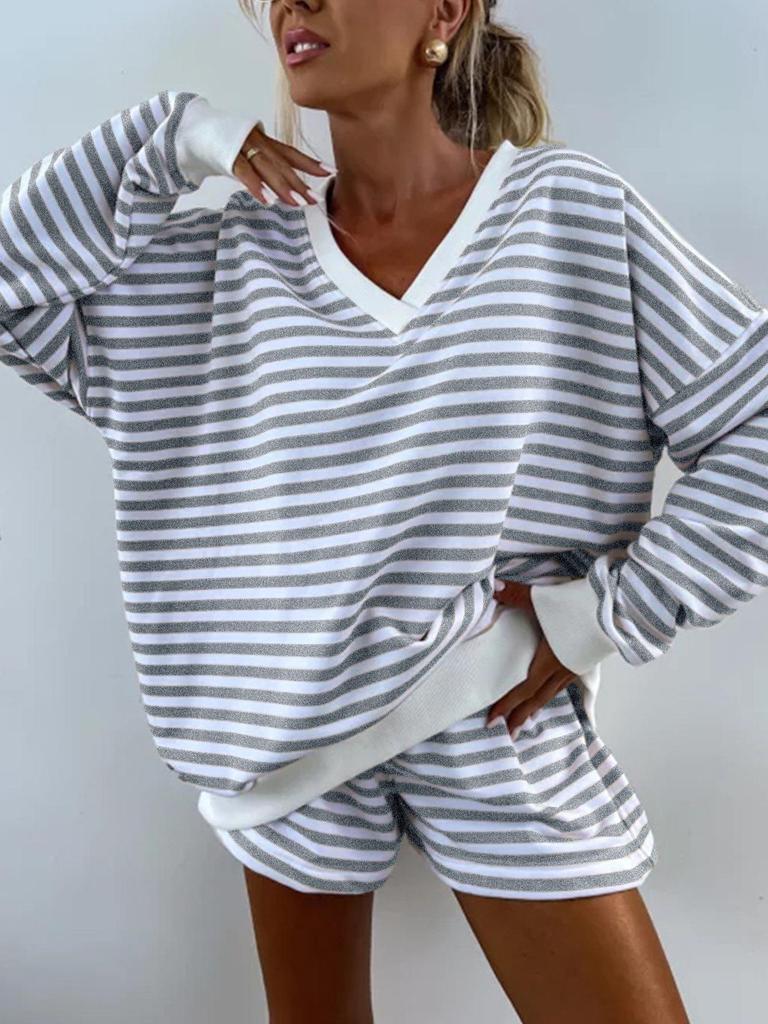 European & American Style Striped V-Neck Women's T-shirt and Shorts Set - Fashionable Casual Wear for 2026