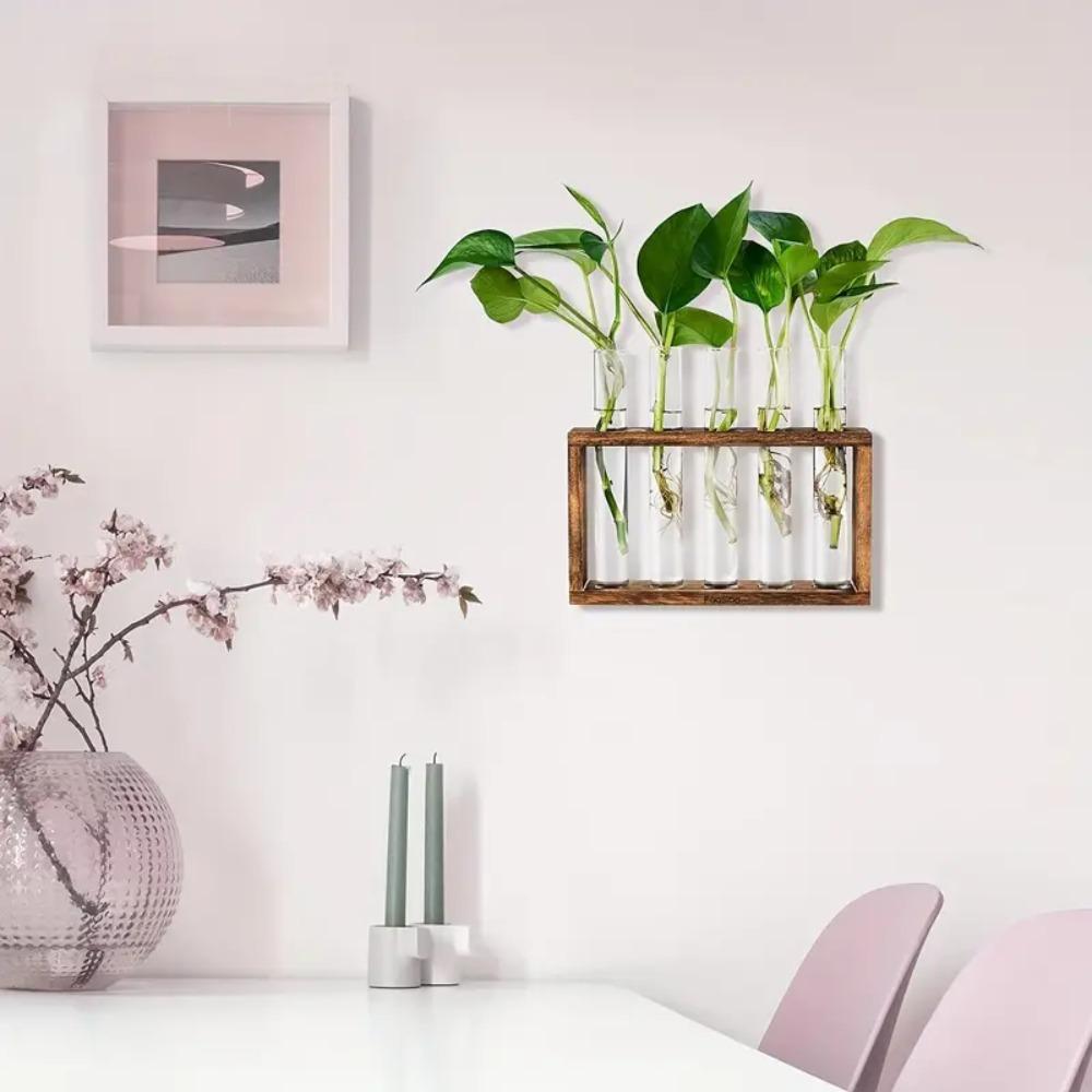 Wood Frame Test Tube Vases Transparent Glass Glass Planter Hydroponic Plants Container  Home Decor