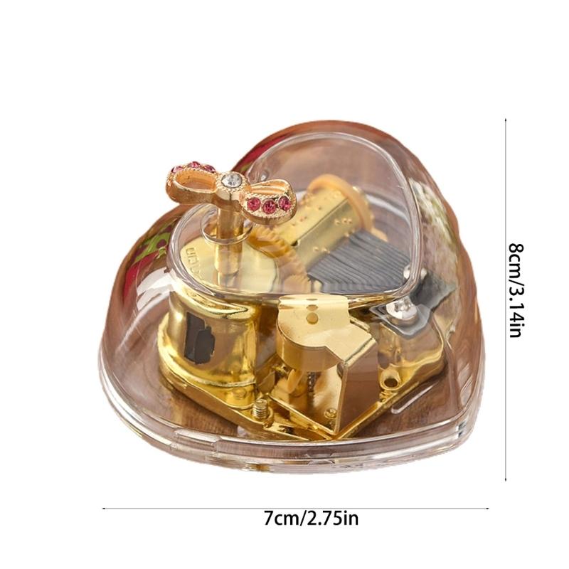 Hand Windup Metal Movement Octave Box Music Box with Transparent Acrylic Heart Shape For Friend Couple Birthday Gift
