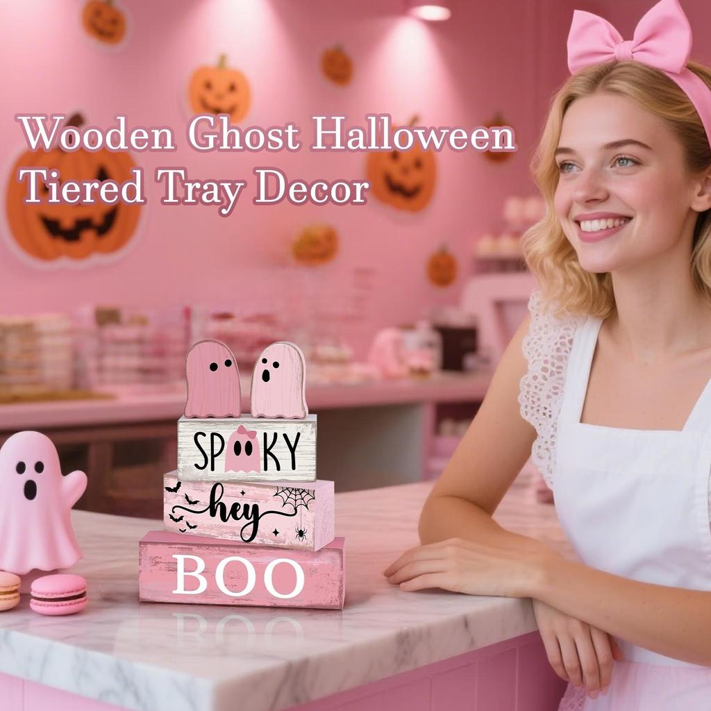 Ghost Sign Wooden Ghost Halloween Tiered Tray Decor Block Decorative Display for Indoor Shelf Home Coffee Bar Party Festive