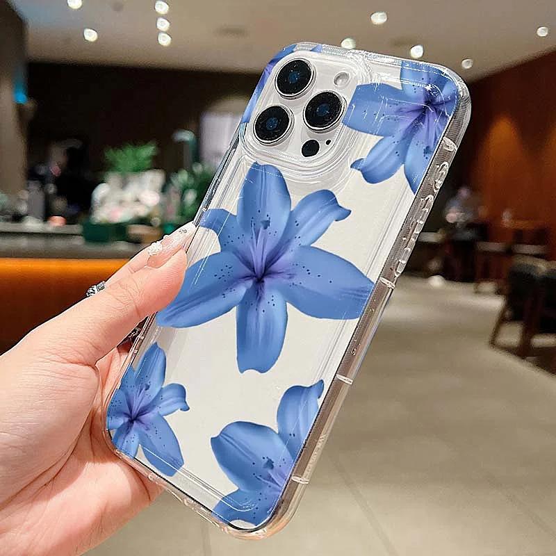 Elegant Blue Lily Pattern TPU Phone Case For iPhone 16 14 Pro Max 13 12 11 Pro Max 14 15 Plus XS XR X 16E 7 8 Plus Back Cover