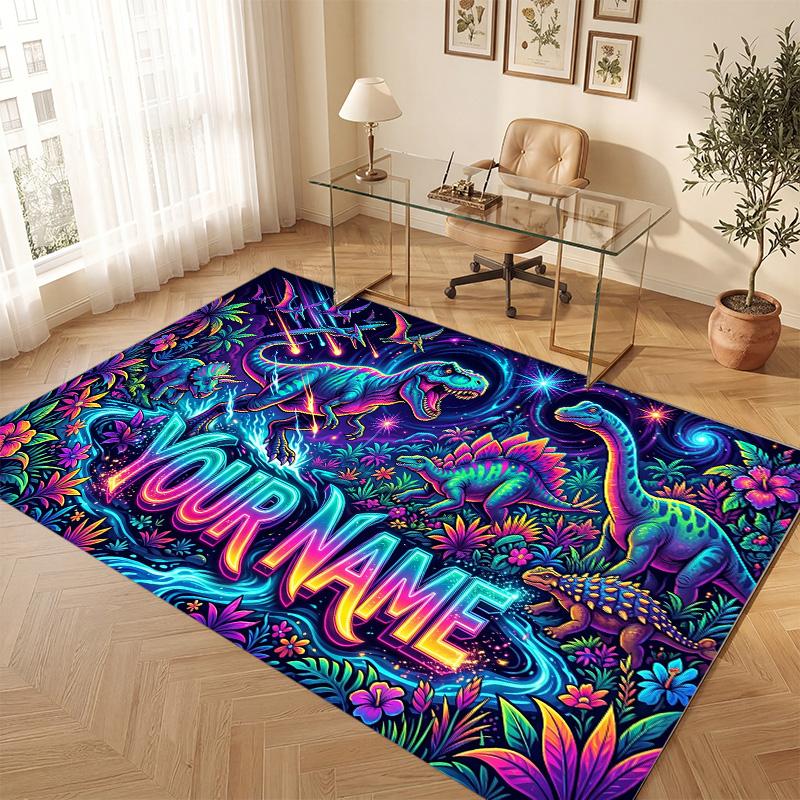 Dinosaur Theme Soft Crystal Velvet Rug Custom Name & Text Print Non Slip Floor Rug for Bedroom Living Room