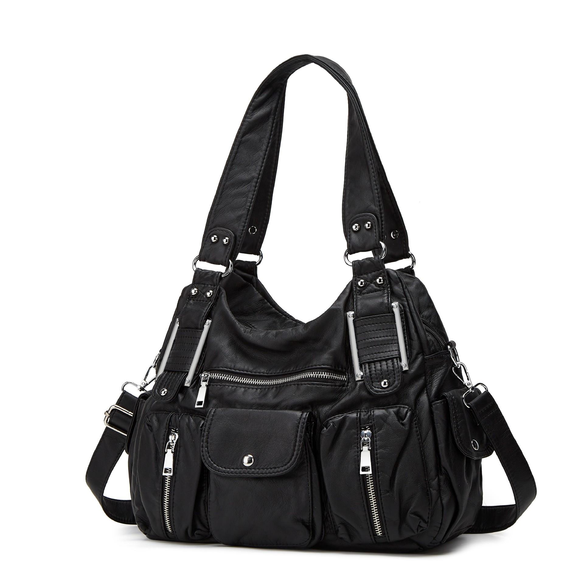 Ladies  Fashionable Retro Lychee Patterned Tote Bag, Large Capacity Washed Multi Pocket Shoulder Bag
