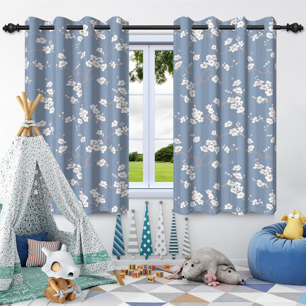 2pcs Plants Leaf Flowers Blue Blackout Curtains Home Bedroom Living Room Darkening Apartment Decoration Grommet Window Drapes