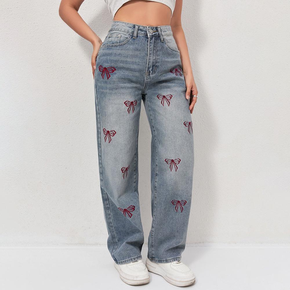 Puffanpop Women's Wide Leg Jeans Retro Wash High Waisted Denim Pants Loose Straight Casual Jeans Boyfriend Pants Embroidered jeans