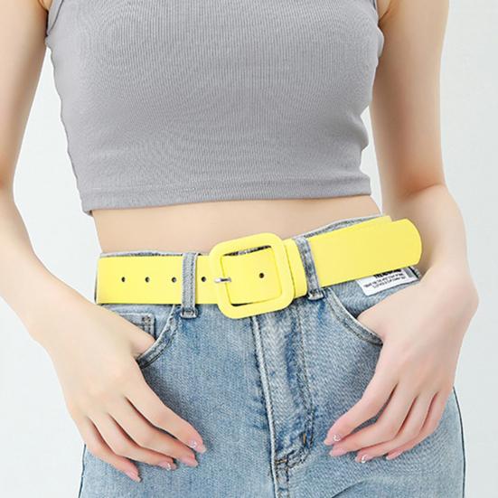 Women Belt Multi Holes Adjustable Length Square Buckle Faux Leather Waistband Jeans Dress Coats Candy Color Belt