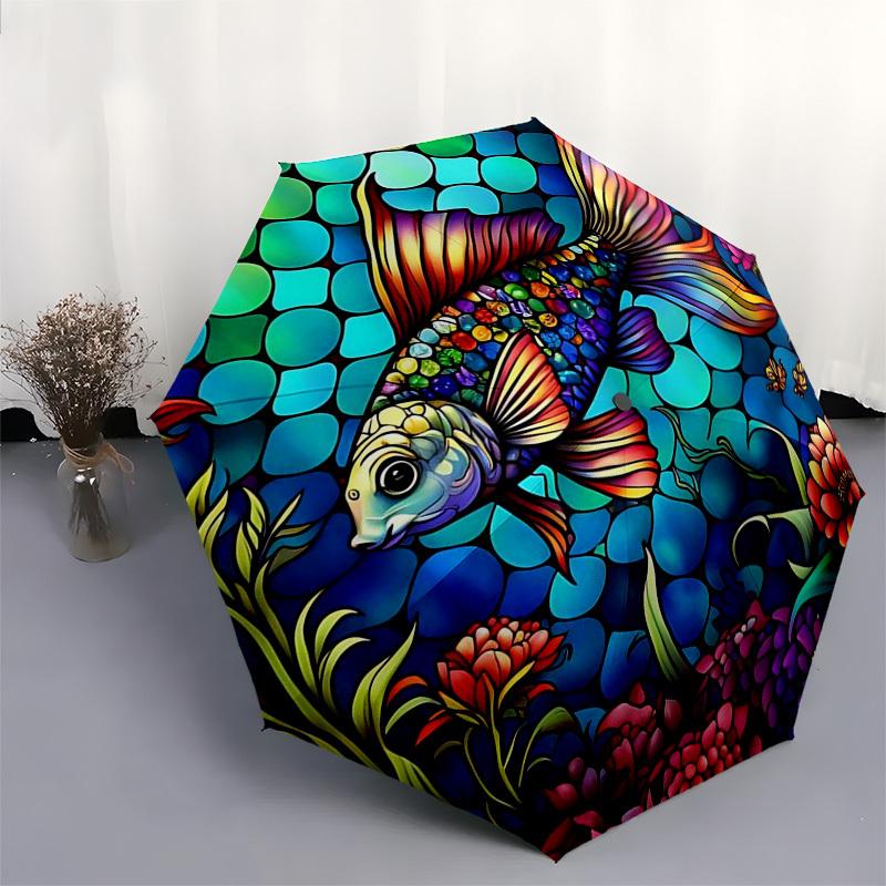 1pc Stained Glass Fish Design Automatic Folding Umbrella - Portable 3-Fold Design with 8-Bone Iron Frame, Perfect for Outdoor Use, Festive Gifts, Trav