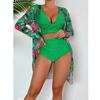 Kvinner tredelt bikinisett Høy midje shorts badedrakter Langermet utskrift Cover Ups Beach Biquinis feminino
