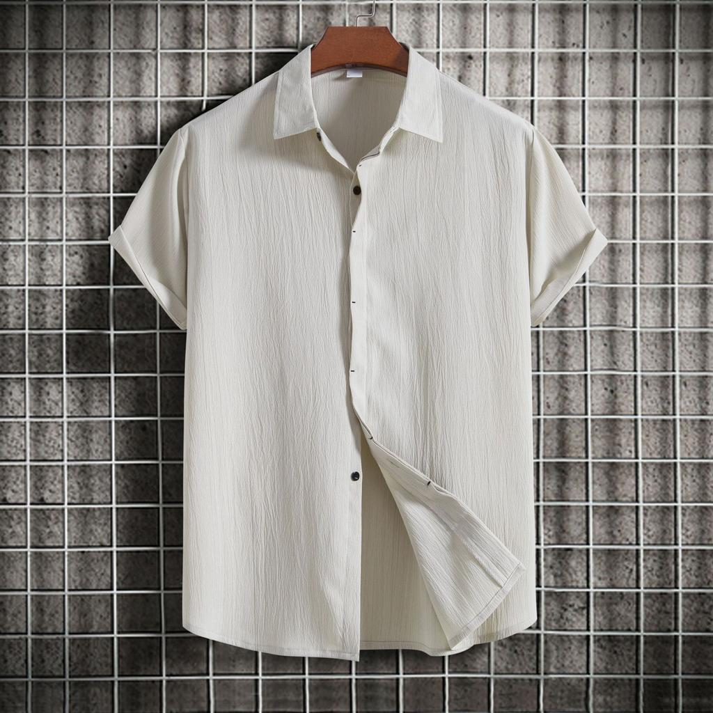 Summer Cotton Linen Shirt for Men's Lapel Loose Solid Color Hide Button Up Short Sleeve Shirts