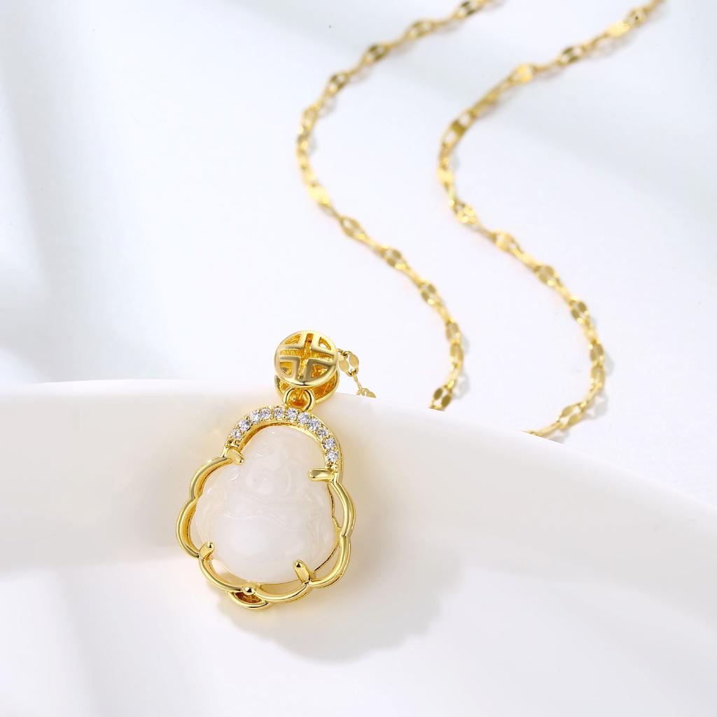 New Gold Inlaid Imitation Jade Marrow Big Belly Maitreya Buddha Fashion Necklace Copper Xiang Jewelry