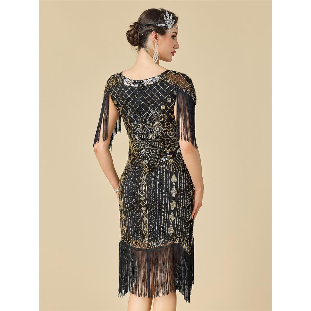 Women's Plus Size 1920s Gatsby Flapper Dress, Sequin Beaded Short Sleeve Fringe Evening Gown For Party & Pr