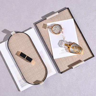 Woven Leather Storage Tray Metal Organizer Tray Rectangle Cosmetic Desktop Debris Finishing Home Key Storage Family Organizer