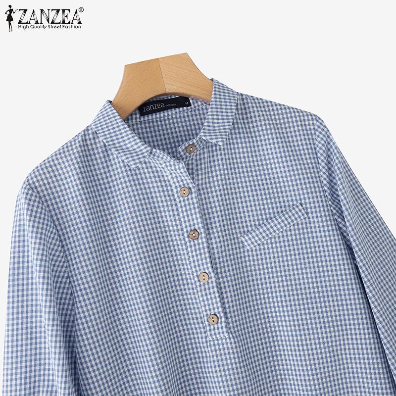 ZANZEA Damska klasyczna bluzka z luźnym krojem, długim rękawem i nadrukiem w kratę