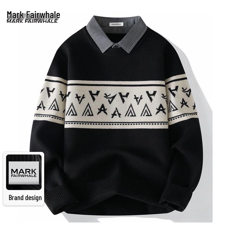 Mark Fairwhale Men's Faux Two-Piece Shirt Collar Knitted Sweater