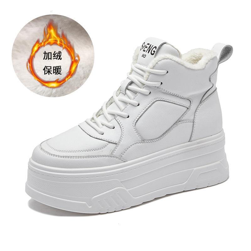 High-top little white shoes women's explosion  new velvet leather casual shoes Internet celebrity thick-soled heightening sports muffin shoes