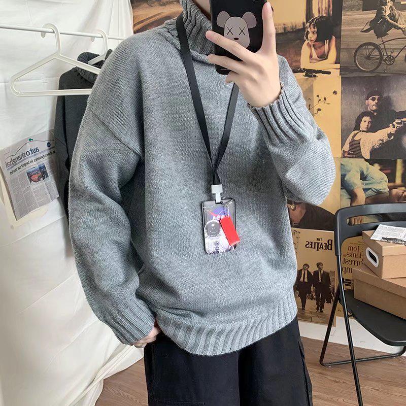 Men's Solid Color Slim Mid-Neck Sweater - Knitted Turtleneck for Autumn/Winter