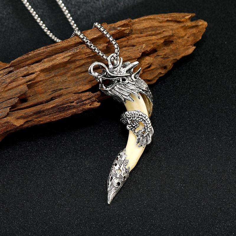 Panlong Wolf Tooth Niche Titanium Steel Necklace Tibetan Silver Inlaid Real Dog Tooth Pendant Men's and Women's Personalized Retro Pendant