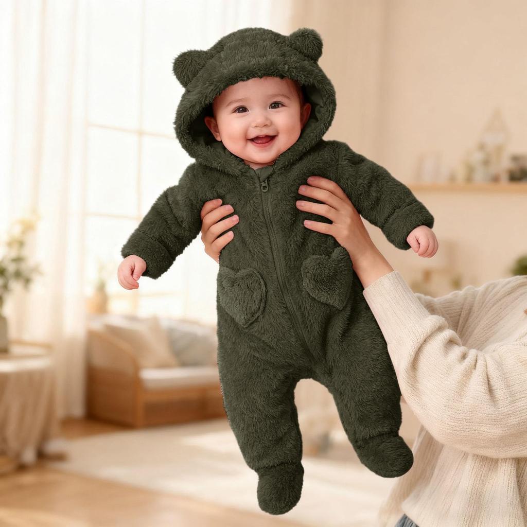 Baby Plush Warm One-Piece Bear Hooded Zipper Children's Solid Color Sleepsuit