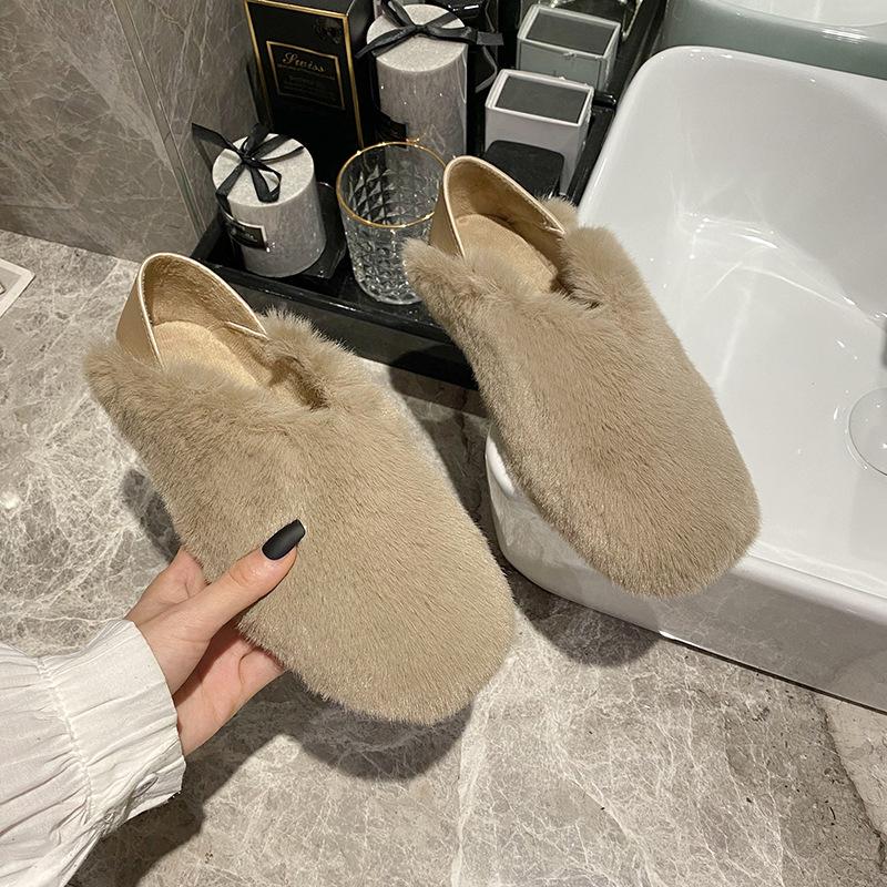 

Mao Mao single shoes women s large size autumn and winter new foreign trade Mao Mao shoes round head flat sole single shoes one pedal velvet bean shoe 35 хаки