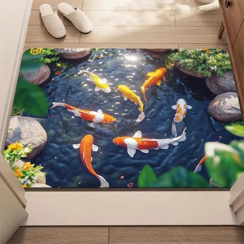 3D Optische Illusion Teppich Realistischer Fischteich Bereichsteppich Waschbar Goldfischteich Fußmatte Rutschfest