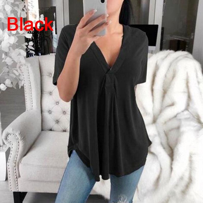 Summer Sexy Women Fashion Casual Loose Tops Casual T-Shirt Summer V-Neck Solid Color Plus Size Short Sleeve Blouse