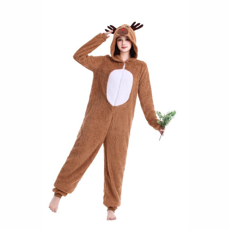 Christmas Dress Up Costume Cute Elk Caribou Flannel Hooded Onesie Stage Costume