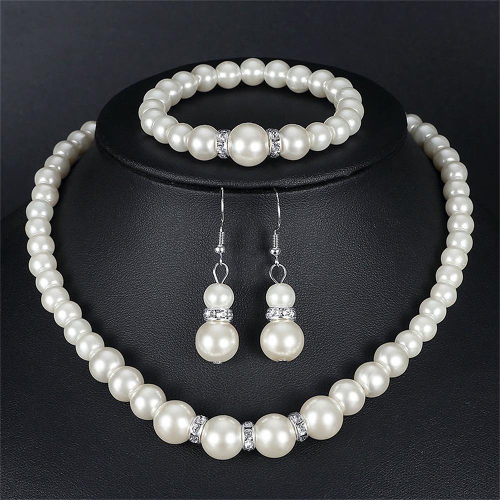 

Pearl jewelry set Women s necklace earrings bracelet three-piece set for mother gift beautiful wedding photo accessories