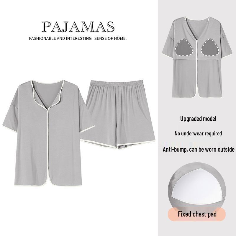 Pijama de Modal Refrigerante para Mujer con Sujetador Incorporado, Manga Corta, Amigable con la Piel, Color Sólido, Adecuado para Usar al Aire Libre