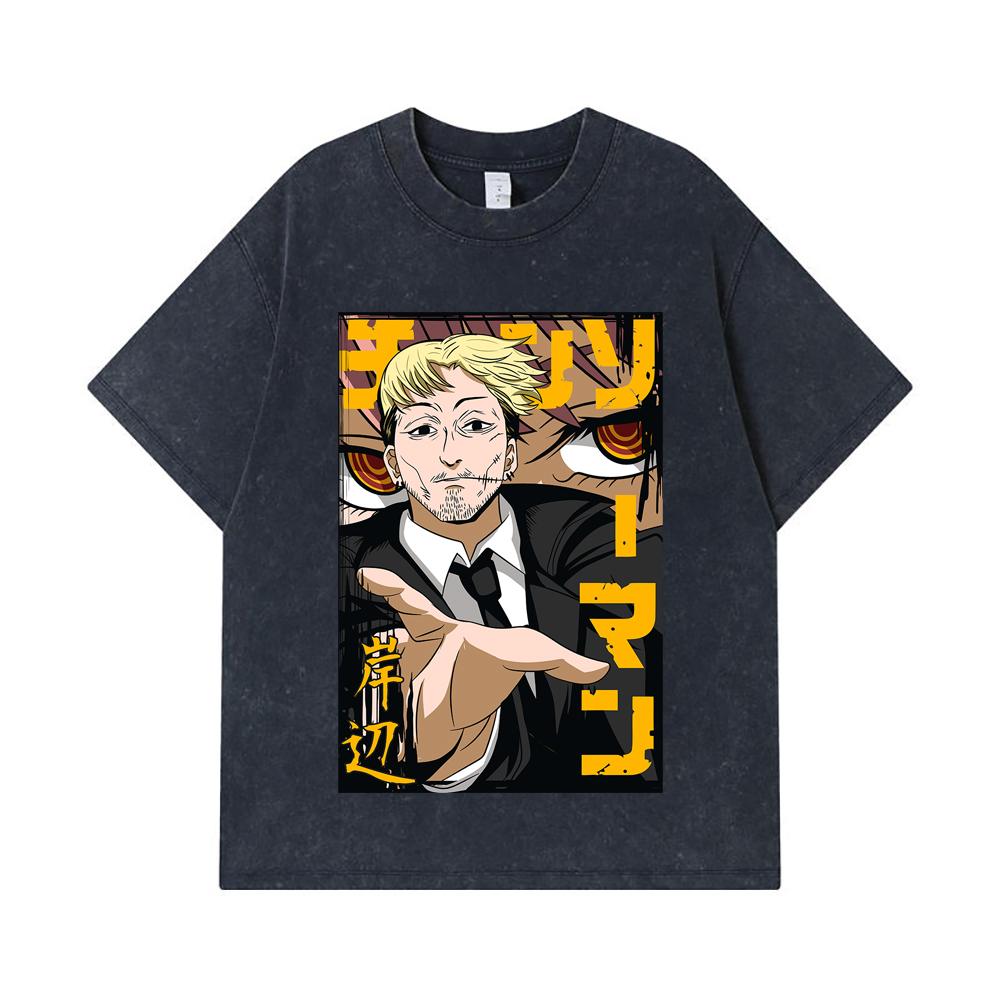275 GSM Washed T-shirts 100% Cotton Chainsaw Man V25 Kishibe Print Unisex Heavy Cotton T Shirt