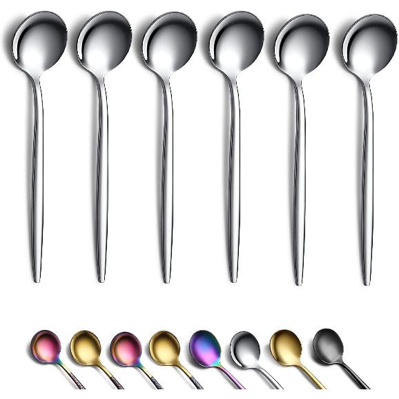 Gold Coffee Spoons Set of 6, Kyraton Stainless Steel 5.1  Hammered Brown Handle Demitasse Spoons, Tiny Espresso Spoons, Small Mini Coffee Spoons, 1.Silver