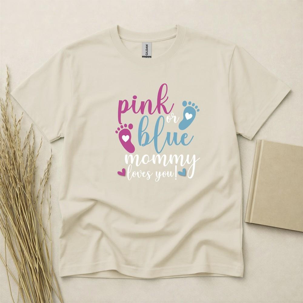 Pink Or Blue Mommy Loves You Baby Gender Reveal T Shirt Gildan Heavy Cotton Top
