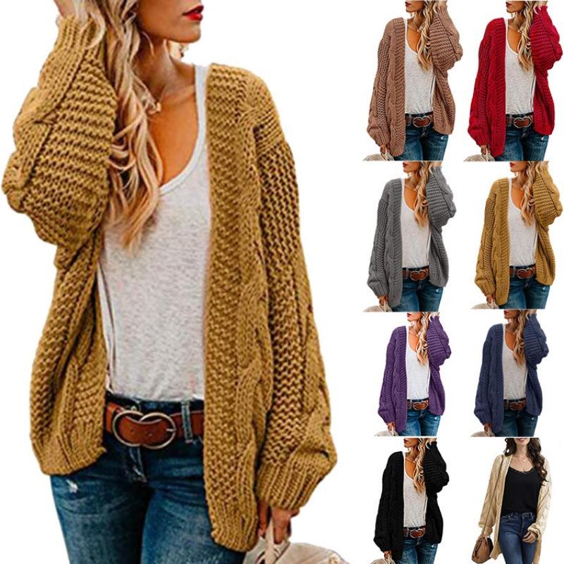 Women S Mid Length Loose Fit Chunky Knit Cardigan Casual Solid Color Outerwear